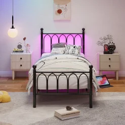 Okwish Lit Simple 90x200 cm - Lit Métal Ado avec Éclairage LED et Ports USB, Barres Acier Renforcées, Sans Matelas - Métal Noir