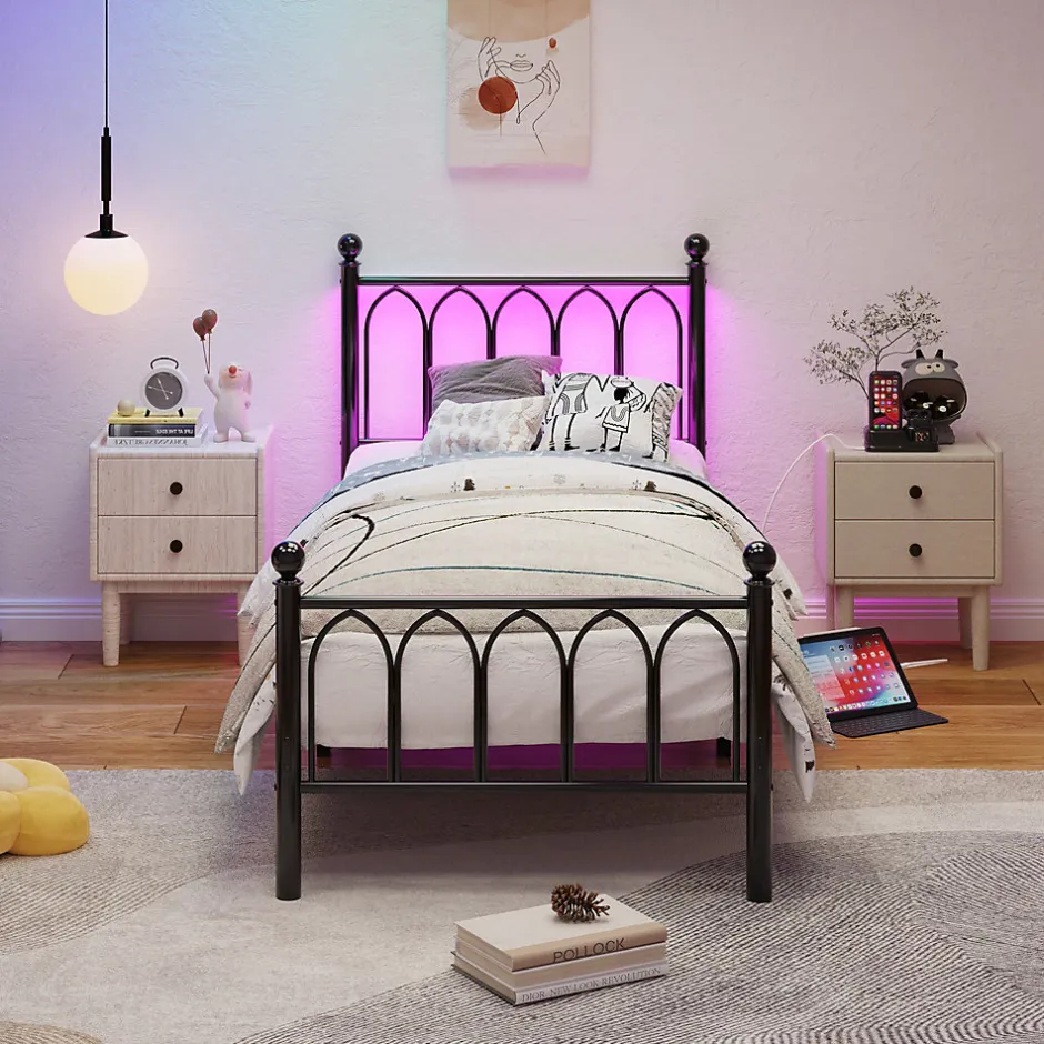 Okwish Lit Simple 90x200 cm - Lit Métal Ado avec Éclairage LED et Ports USB, Barres Acier Renforcées, Sans Matelas - Métal Noir