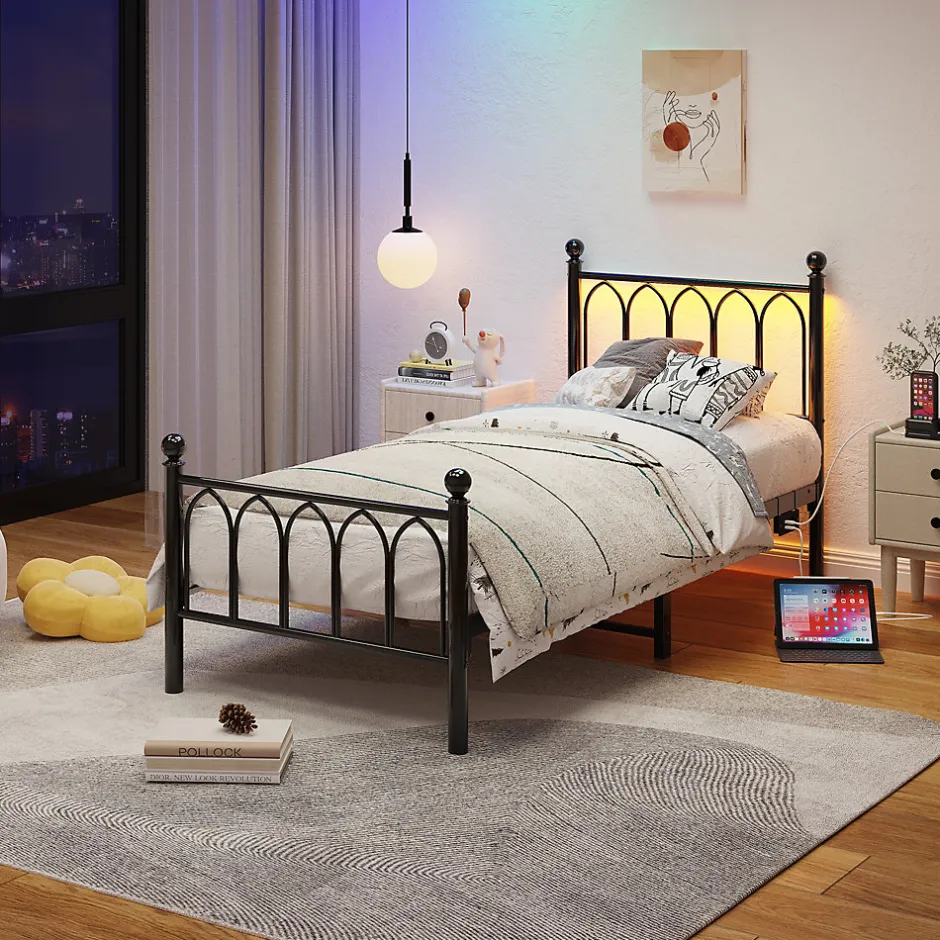 Okwish Lit Simple 90x200 cm - Lit Métal Ado avec Éclairage LED et Ports USB, Barres Acier Renforcées, Sans Matelas - Métal Noir