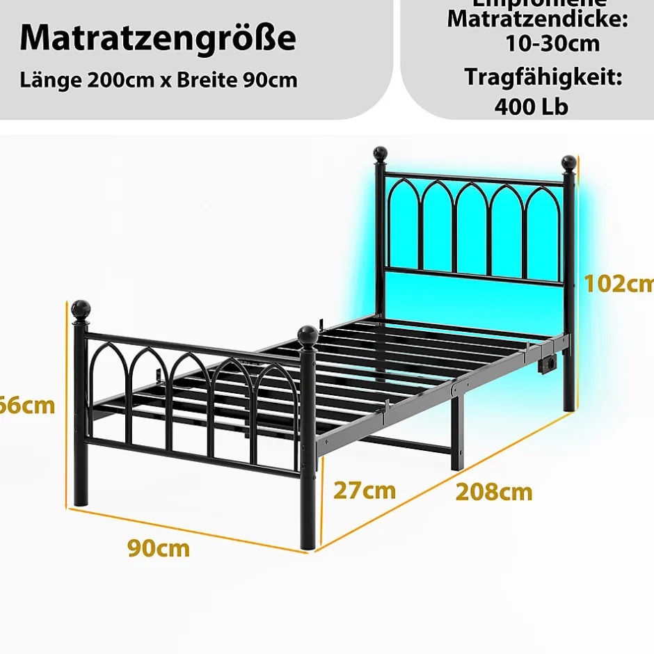 Okwish Lit Simple 90x200 cm - Lit Métal Ado avec Éclairage LED et Ports USB, Barres Acier Renforcées, Sans Matelas - Métal Noir