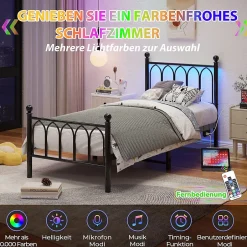 Okwish Lit Simple 90x200 cm - Lit Métal Ado avec Éclairage LED et Ports USB, Barres Acier Renforcées, Sans Matelas - Métal Noir