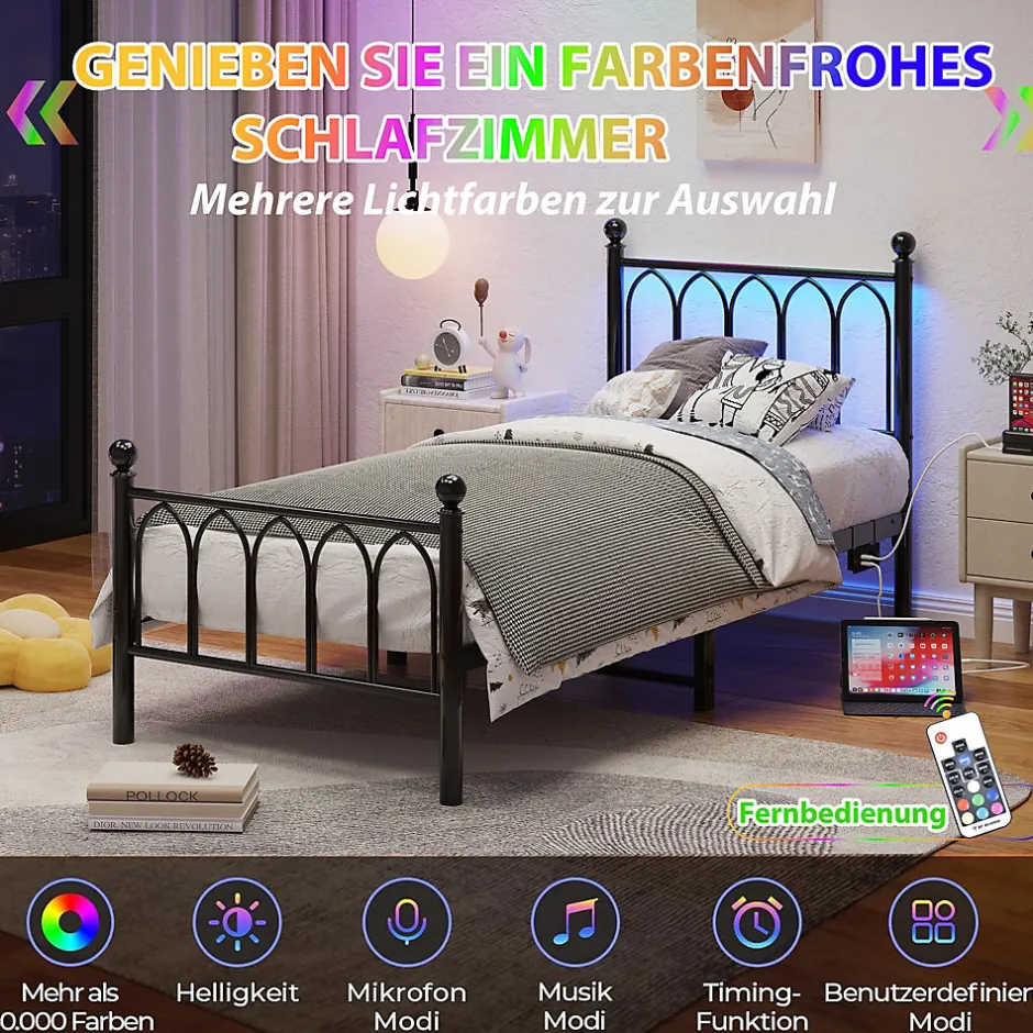Okwish Lit Simple 90x200 cm - Lit Métal Ado avec Éclairage LED et Ports USB, Barres Acier Renforcées, Sans Matelas - Métal Noir