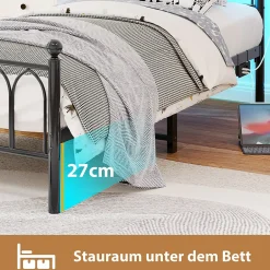 Okwish Lit Simple 90x200 cm - Lit Métal Ado avec Éclairage LED et Ports USB, Barres Acier Renforcées, Sans Matelas - Métal Noir