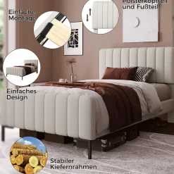 Okwish Lit simple 90x200 cm - Lit rembourré avec tête de lit capitonnée - Lin - Matelas Inclus - Gris-Beige