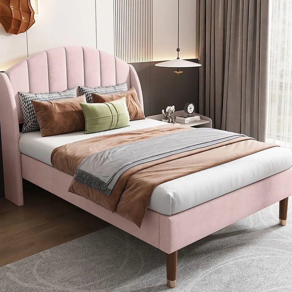 Okwish Lit Simple 90x200 cm - Lit Rembourré ado - Velours - Sans Matelas - Rose Outlet