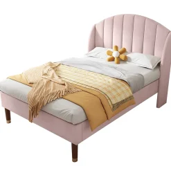 Okwish Lit Simple 90x200 cm - Lit Rembourré ado - Velours - Sans Matelas - Rose Outlet