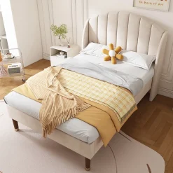 Okwish Lit Simple 90x200 cm - Lit Rembourré ado - Velours - Sans Matelas - Beige Hot