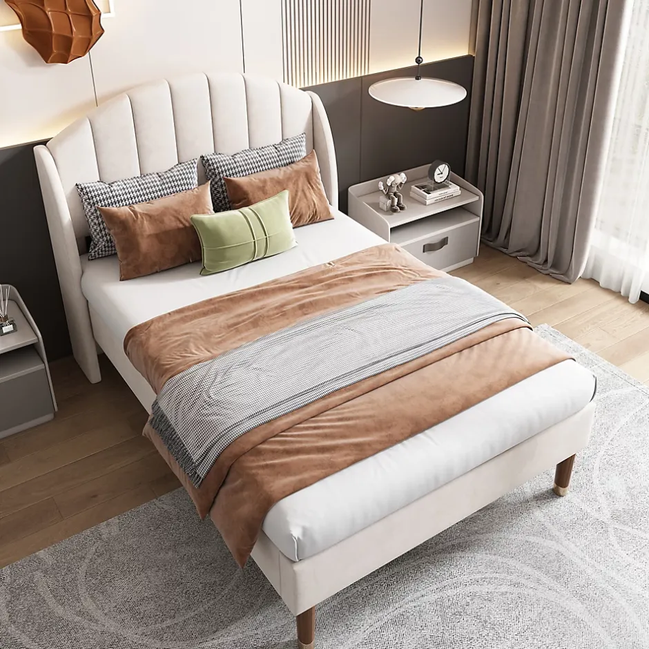 Okwish Lit Simple 90x200 cm - Lit Rembourré ado - Velours - Sans Matelas - Beige Hot