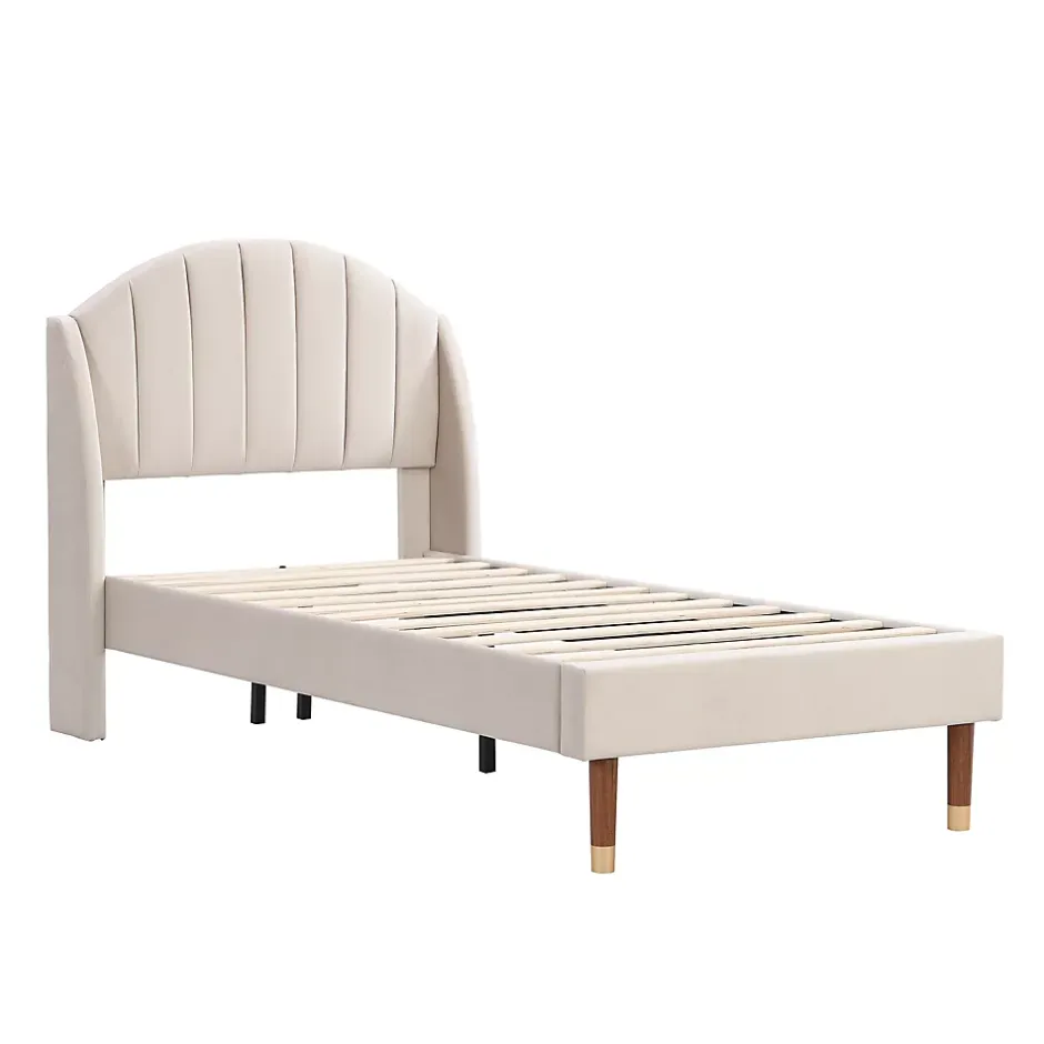 Okwish Lit Simple 90x200 cm - Lit Rembourré ado - Velours - Sans Matelas - Beige Hot