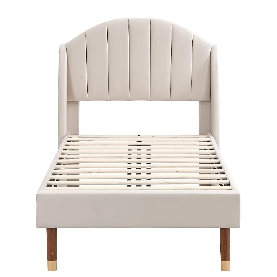 Okwish Lit Simple 90x200 cm - Lit Rembourré ado - Velours - Sans Matelas - Beige Hot