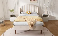 Okwish Lit Simple 90x200 cm - Lit Rembourré ado - Velours - Sans Matelas - Beige Hot