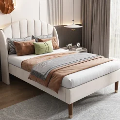 Okwish Lit Simple 90x200 cm - Lit Rembourré ado - Velours - Sans Matelas - Beige Hot