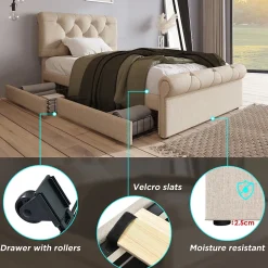 Okwish Lit simple 90x200 cm - Lit simple capitonné avec 2 Tiroirs et Tête de Lit Réglable, Gris Clair, Sans Matelas Sale