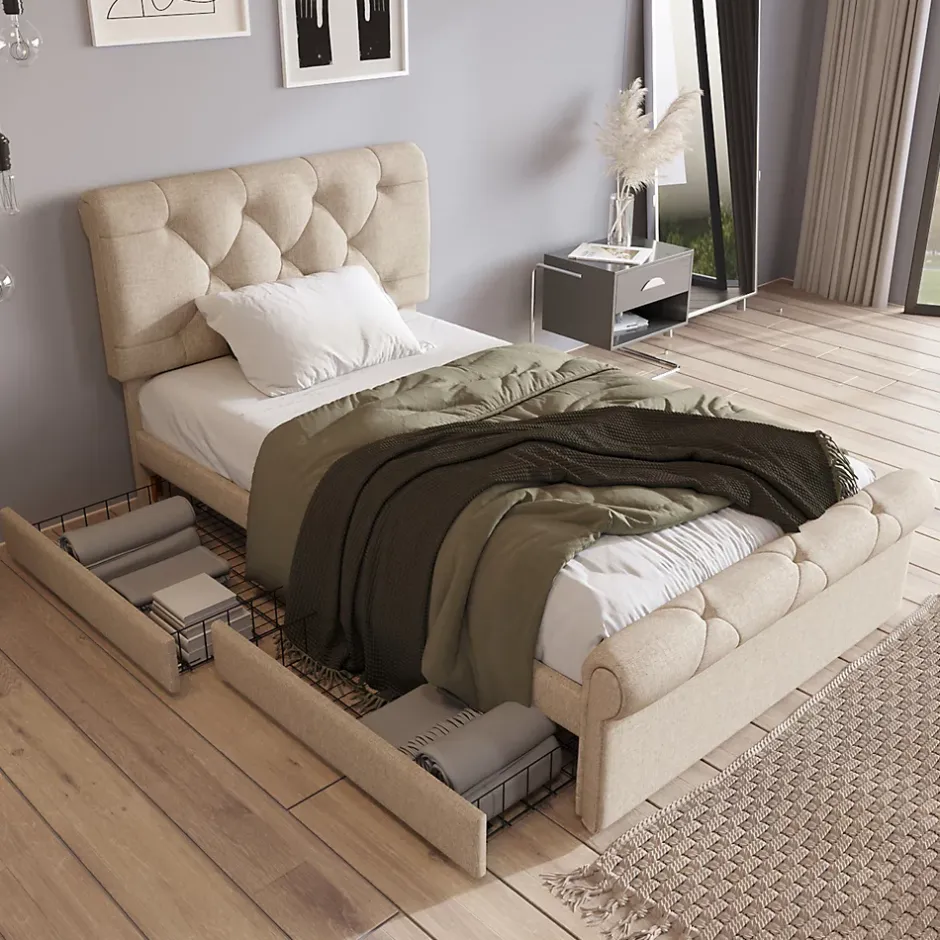 Okwish Lit simple 90x200 cm - Lit simple capitonné avec 2 Tiroirs et Tête de Lit Réglable, Gris Clair, Sans Matelas Sale