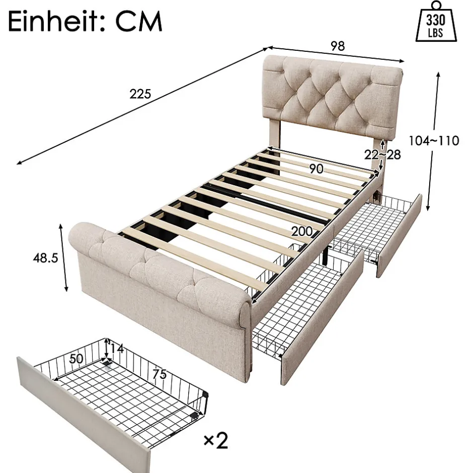 Okwish Lit simple 90x200 cm - Lit simple capitonné avec 2 Tiroirs et Tête de Lit Réglable, Gris Clair, Sans Matelas Sale