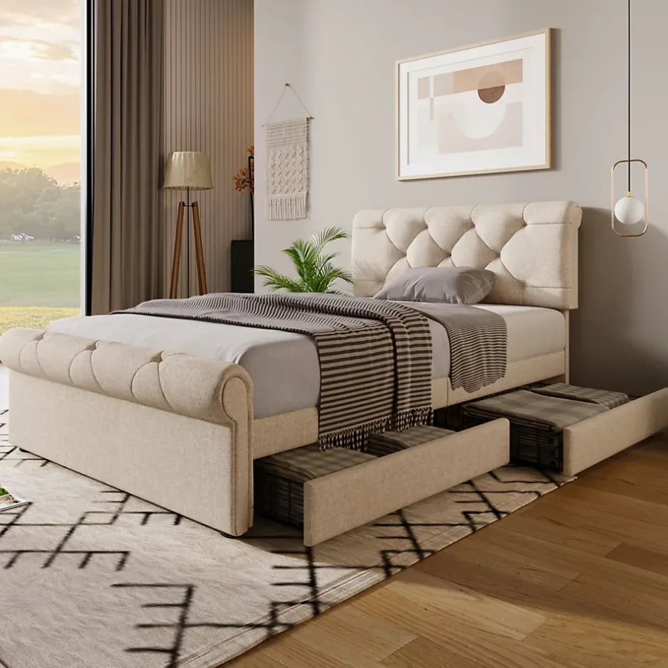 Okwish Lit simple 90x200 cm - Lit simple capitonné avec 2 Tiroirs et Tête de Lit Réglable, Gris Clair, Sans Matelas Sale