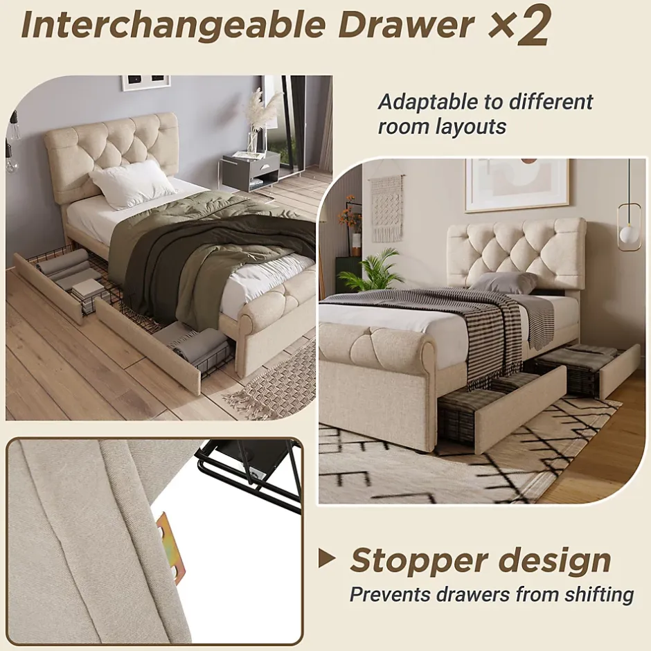 Okwish Lit simple 90x200 cm - Lit simple capitonné avec 2 Tiroirs et Tête de Lit Réglable, Gris Clair, Sans Matelas Sale
