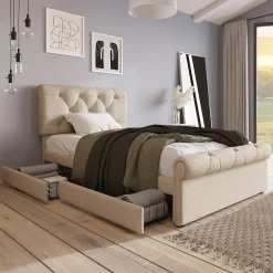 Okwish Lit simple 90x200 cm - Lit simple capitonné avec 2 Tiroirs et Tête de Lit Réglable, Gris Clair, Sans Matelas Sale