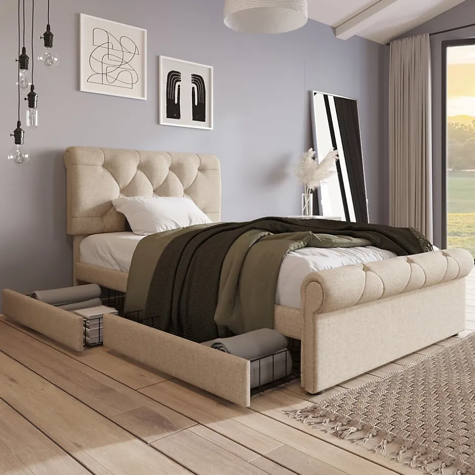 Okwish Lit simple 90x200 cm - Lit simple capitonné avec 2 Tiroirs et Tête de Lit Réglable, Gris Clair, Sans Matelas Sale