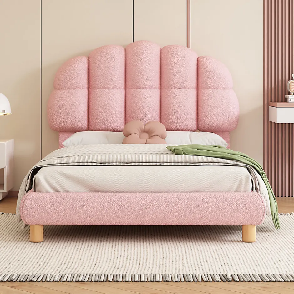 Generique Lit simple 90x200 cm, avec tête de lit en forme de cercle guimauve, cadre en métal, lit capitonné en sherpa - Rose