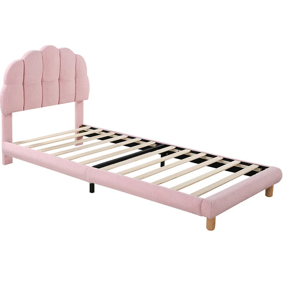 Generique Lit simple 90x200 cm, avec tête de lit en forme de cercle guimauve, cadre en métal, lit capitonné en sherpa - Rose