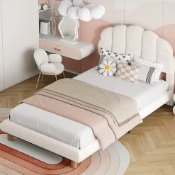 Generique Lit simple 90x200 cm avec tête de lit, sommier en bois, cadre plateforme, pour enfant, blanc New