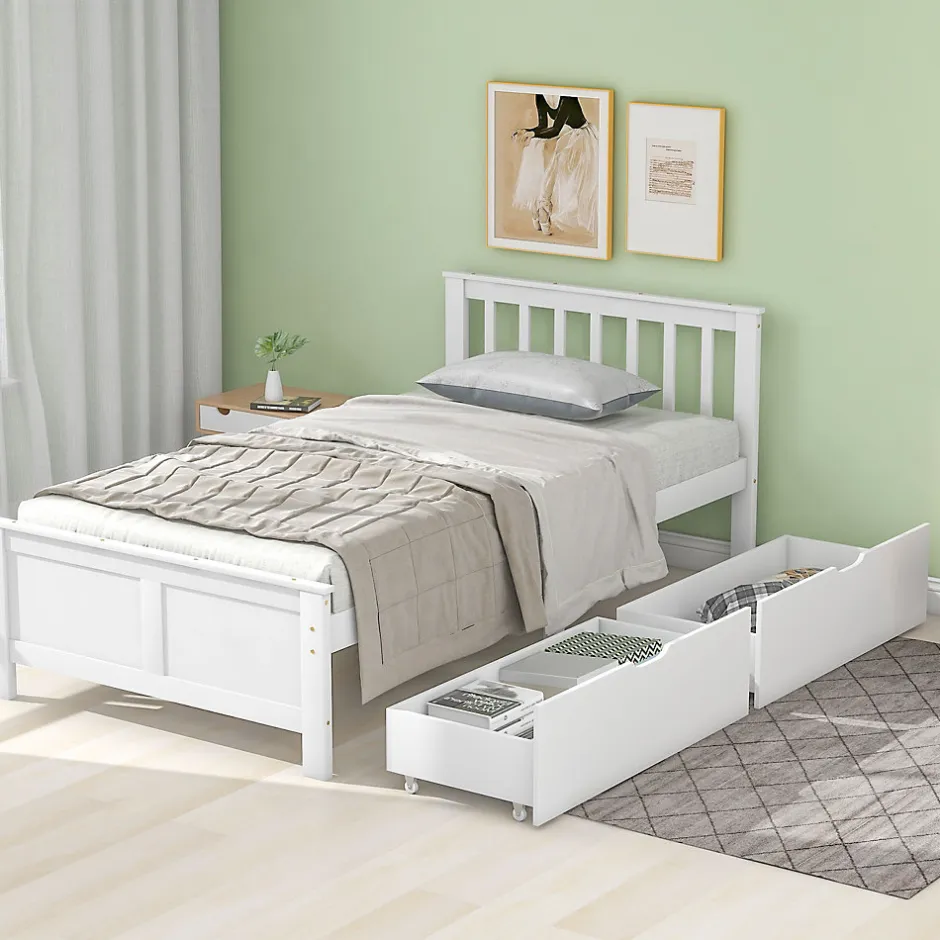 Okwish Lit Simple 90x200 cm Bois - Lit Ado ou Adulte avec Rangement Intégré sous le Sommier - Sans Matelas - Bois de Pin + MDF - Blanc