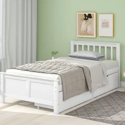 Okwish Lit Simple 90x200 cm Bois - Lit Ado ou Adulte avec Rangement Intégré sous le Sommier - Sans Matelas - Bois de Pin + MDF - Blanc