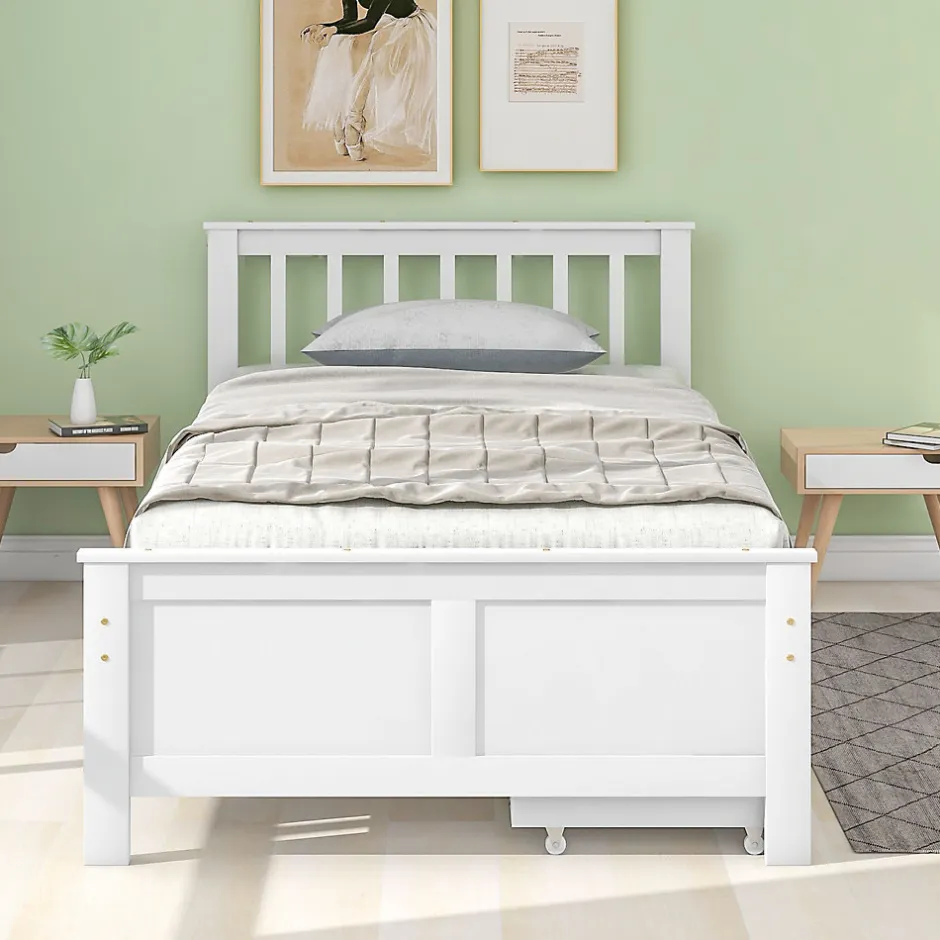 Okwish Lit Simple 90x200 cm Bois - Lit Ado ou Adulte avec Rangement Intégré sous le Sommier - Sans Matelas - Bois de Pin + MDF - Blanc