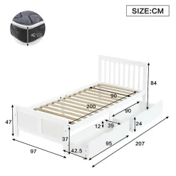 Okwish Lit Simple 90x200 cm Bois - Lit Ado ou Adulte avec Rangement Intégré sous le Sommier - Sans Matelas - Bois de Pin + MDF - Blanc