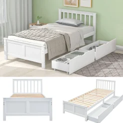 Okwish Lit Simple 90x200 cm Bois - Lit Ado ou Adulte avec Rangement Intégré sous le Sommier - Sans Matelas - Bois de Pin + MDF - Blanc