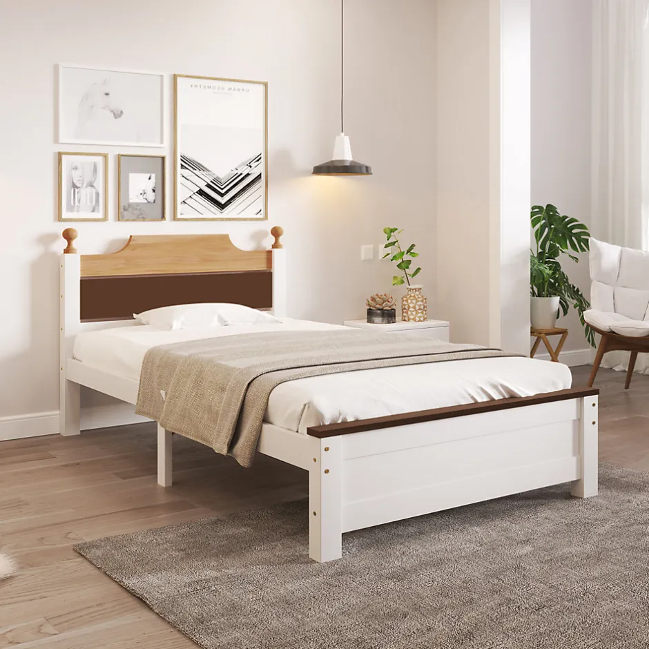 ProximaX Lit simple 90x200 cm en bois de pin avec pied central, tête et pied en MDF, design Colour-Blocking blanc, lit pour ado et adulte