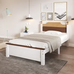 ProximaX Lit simple 90x200 cm en bois de pin avec pied central, tête et pied en MDF, design Colour-Blocking blanc, lit pour ado et adulte