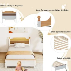 ProximaX Lit simple 90x200 cm en bois de pin avec pied central, tête et pied en MDF, design Colour-Blocking blanc, lit pour ado et adulte