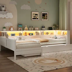 ModernLuxe Lit simple 90x200 cm en forme de L - Avec lit gigogne et 1 tiroir - LED et port USB - MDF - Blanc (sans matelas)