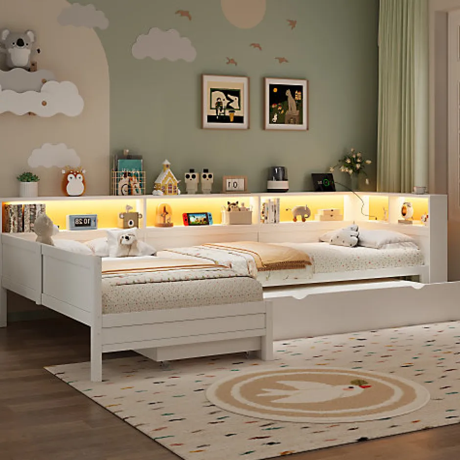 ModernLuxe Lit simple 90x200 cm en forme de L - Avec lit gigogne et 1 tiroir - LED et port USB - MDF - Blanc (sans matelas)
