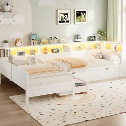 ModernLuxe Lit simple 90x200 cm en forme de L - Avec lit gigogne et 1 tiroir - LED et port USB - MDF - Blanc (sans matelas)