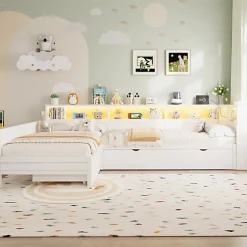 ModernLuxe Lit simple 90x200 cm en forme de L - Avec lit gigogne et 1 tiroir - LED et port USB - MDF - Blanc (sans matelas)