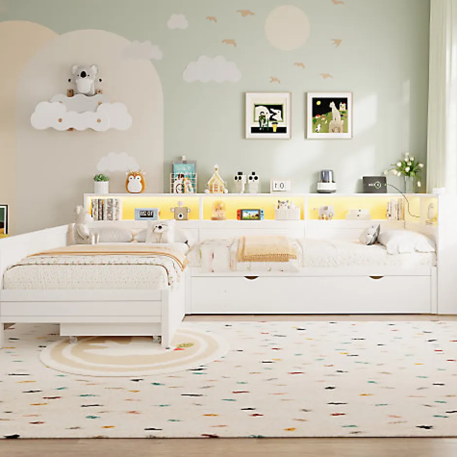 ModernLuxe Lit simple 90x200 cm en forme de L - Avec lit gigogne et 1 tiroir - LED et port USB - MDF - Blanc (sans matelas)