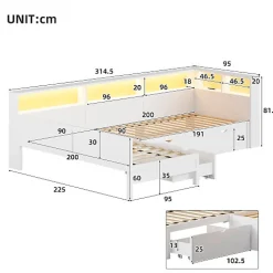ModernLuxe Lit simple 90x200 cm en forme de L - Avec lit gigogne et 1 tiroir - LED et port USB - MDF - Blanc (sans matelas)