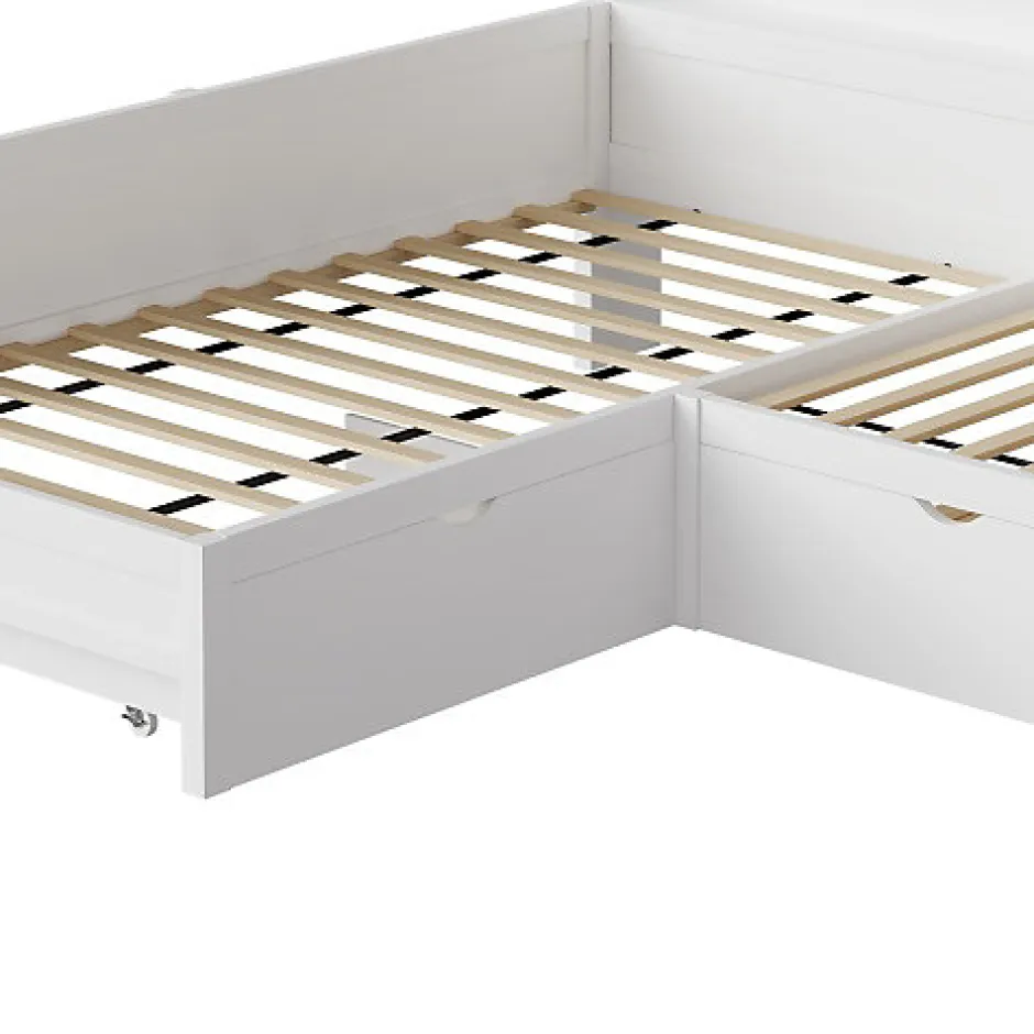 ModernLuxe Lit simple 90x200 cm en forme de L - Avec lit gigogne et 1 tiroir - LED et port USB - MDF - Blanc (sans matelas)