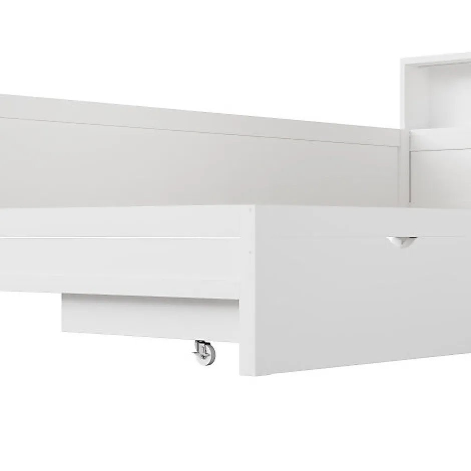 ModernLuxe Lit simple 90x200 cm en forme de L - Avec lit gigogne et 1 tiroir - LED et port USB - MDF - Blanc (sans matelas)