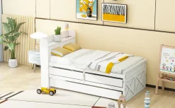 Redom Lit simple 90x190 cm en pin massif avec sommier tiroir table de chevet étagères port USB blanc