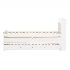 Redom Lit simple 90x190 cm en pin massif avec sommier tiroir table de chevet étagères port USB blanc