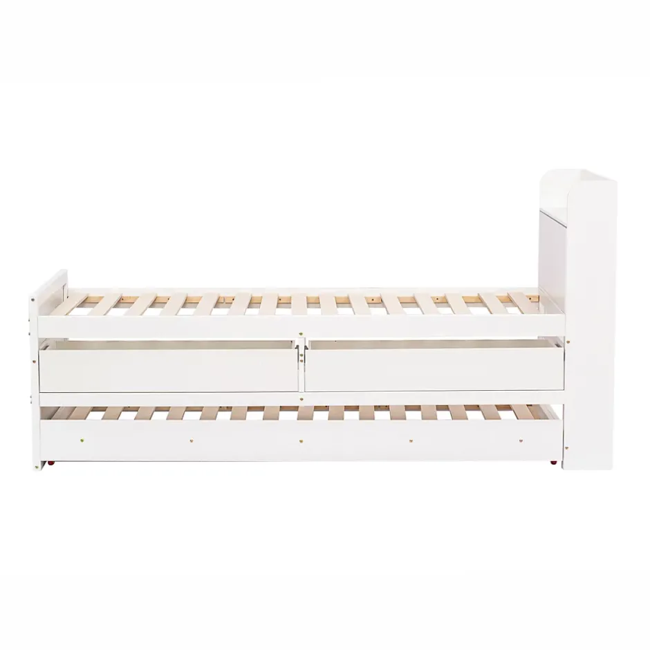 Redom Lit simple 90x190 cm en pin massif avec sommier tiroir table de chevet étagères port USB blanc