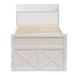 Redom Lit simple 90x190 cm en pin massif avec sommier tiroir table de chevet étagères port USB blanc