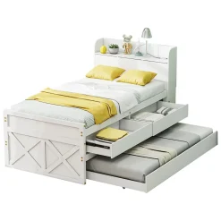 Redom Lit simple 90x190 cm en pin massif avec sommier tiroir table de chevet étagères port USB blanc