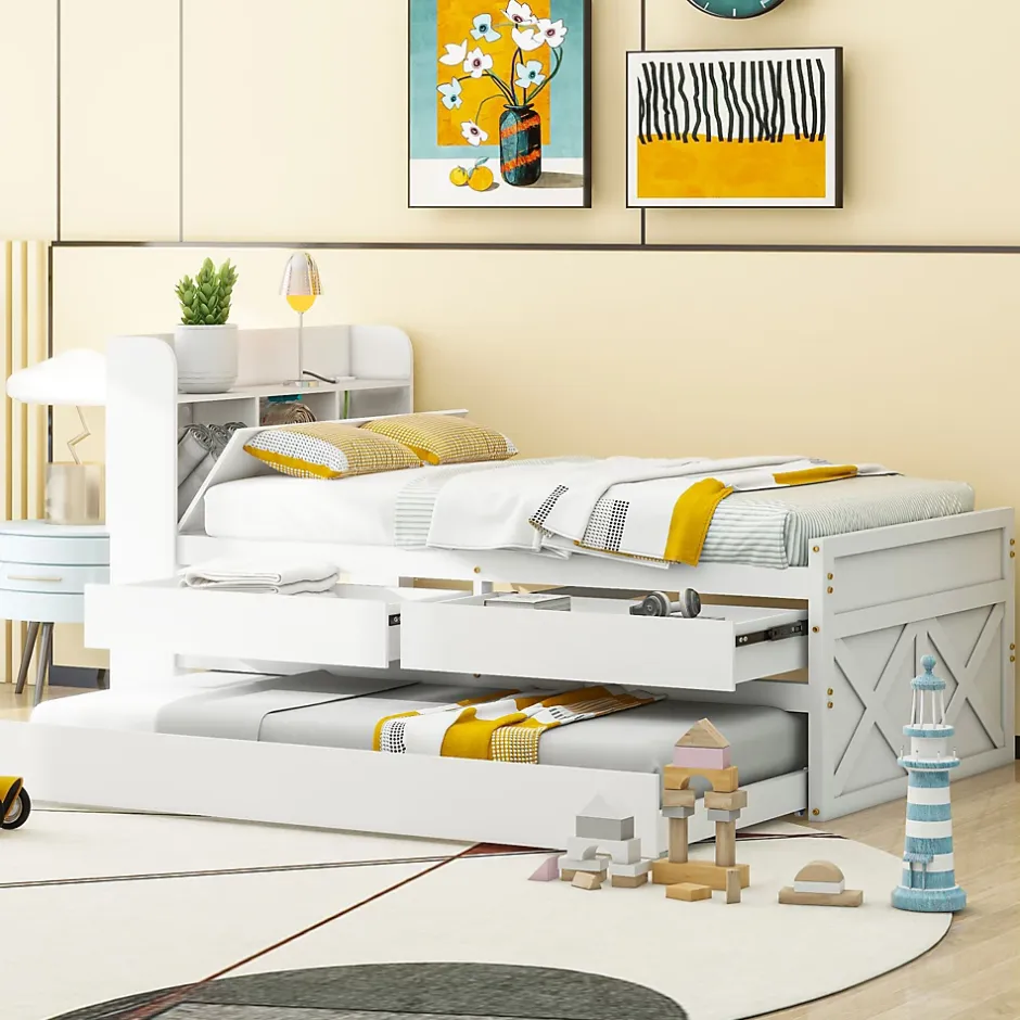 Redom Lit simple 90x190 cm en pin massif avec sommier tiroir table de chevet étagères port USB blanc