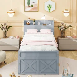 Redom Lit simple 90x190 cm en pin massif avec sommier tiroir table de chevet étagères port USB gris