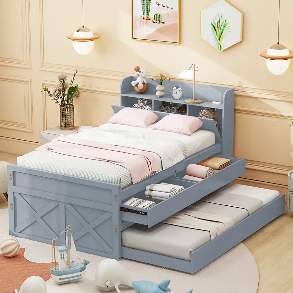 Redom Lit simple 90x190 cm en pin massif avec sommier tiroir table de chevet étagères port USB gris
